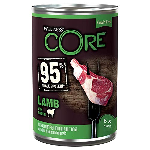 Wellness CORE 95% Grapa de Comida para Perro mojada y una Sola proteína de Cordero con Calabaza, 400 g, Paquete de 6