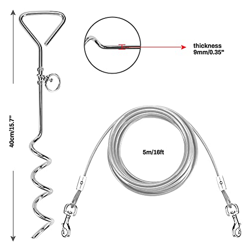 Welltop Juego de Estaca de Acero Inoxidable con Punta en Espiral y Correa, para Atar al Perro en Exteriores, Correa de 5 m para Perros de hasta 120 LB para Jugar, Acampar y en el Patio (Blanco)