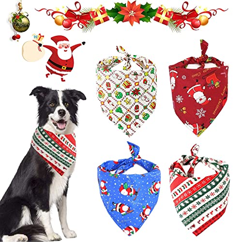 WELLXUNK® Bandanas de Perro, 4 pcs Pañuelo de Mascotas, Bandana para Perros, Pañuelo Bufanda de Mascota Navidad Baberos Lavables de Perros para Perros y Gatos Estilo Papá Noel y Reno (M2)