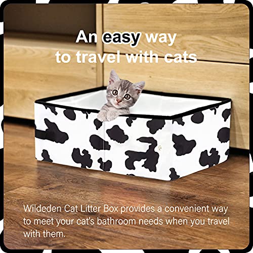 WILDEDEN Caja de arena portátil plegable para gatos, caja de arena plegable para viajes, cuenco plegable gratis, bolsa de caca, pluma y cucharada incluidas (líneas de vaca)