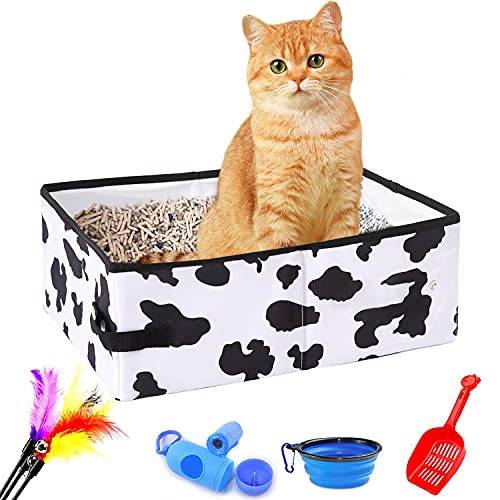 WILDEDEN Caja de arena portátil plegable para gatos, caja de arena plegable para viajes, cuenco plegable gratis, bolsa de caca, pluma y cucharada incluidas (líneas de vaca)