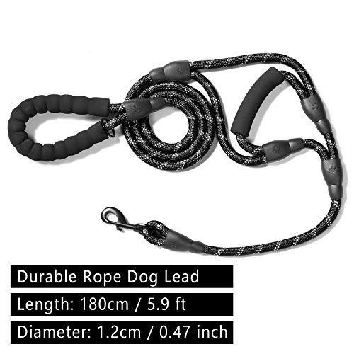 Wodasi 1.8M Correa de Perro, Nylon Tejido Perro Correa con Mango Acolchado Doble Asa Cómodo Antideslizantes Reflectantes para Grandes Medianos, Correa para Perro (Negro)