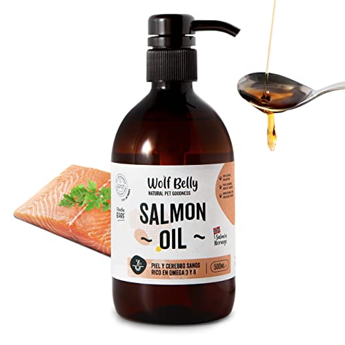 Wolf Belly Aceite de Salmón Noruego para Perros y Gatos | Omega 3 y 6 | Pelaje Brillante y Suave | Piel Sana | Antiinflamatorio | 100% Natural | 500ml