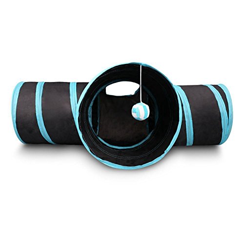 WOVELOT Tunel de Gato de 3 Maneras Juego de Gato Plegable para Mascotas Tunel con Bola Que Suena, Tubo de Diversion Espacioso para Gato Perrito Gatito Azul + Negro