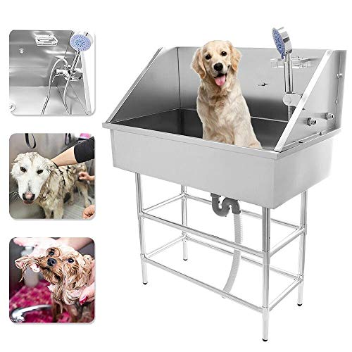 WUHUAROU 34"Pulgadas Profesional de Acero Inoxidable para Mascotas, Perros, Gatos, Aseo, estación de bañera, Lavabo de Ducha con Grifo, rampa y Accesorios