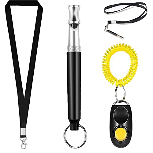 XPOOP 1 Set Silbato Perros y Clicker con Acollador Ultrasonidos, Silbato Profesional para Perros, Silbato de Perro Antiladridos, Silbato para Entrenamiento Perros, Clicker de Adiestramiento