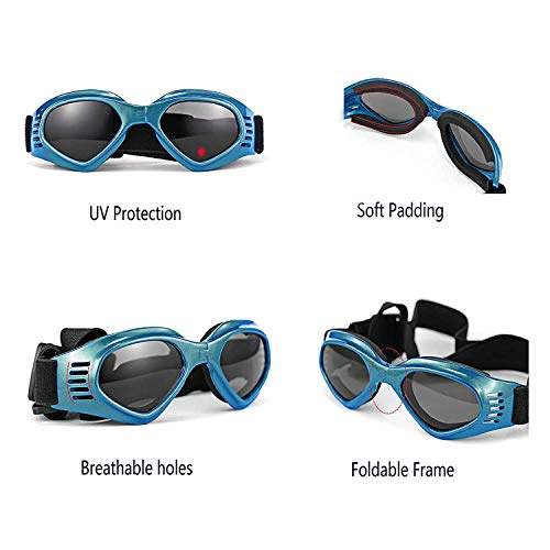 XUNKE Gafas de Sol para Perros, Perro Gafas para Perros pequeños y medianos Impermeable Plegable Protector Ocular Protección UV Antivaho (Azul)