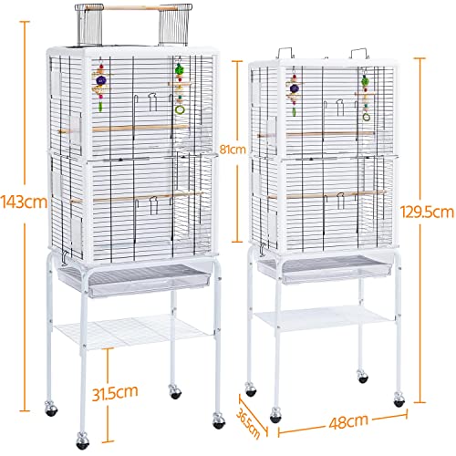 Yaheetech Jaula Pájaros Jaula con Soporte y Ruedas Jaula con Techo Abierto y Juguetes Blanca Altura 143cm