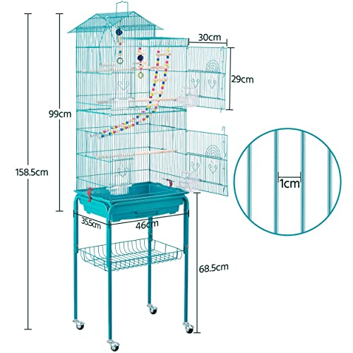 Yaheetech Jaula para Pájaros Jaula con Soporte Ruedas para Canarios Jaula Mascota 46 x 35 x 158,5 cm Azul Turquesa