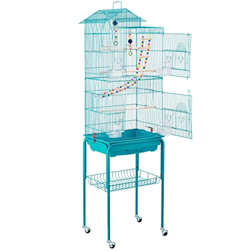 Yaheetech Jaula para Pájaros Jaula con Soporte Ruedas para Canarios Jaula Mascota 46 x 35 x 158,5 cm Azul Turquesa