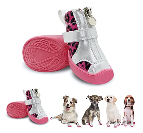 YAODHAOD Zapatos de Perro para Perros pequeños, Botas de Perro Protector de Patas, Zapatos Antideslizantes de Cuero para pavimento Caliente, Botas para Mascotas (4, Rosado)