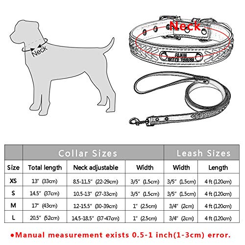 Yisatann Correa para Perros Collar para Collar y Correa de Cuero para Perros Juego de Collar de Gato Acolchado Interior Rojo para Gato Grabado Gratis-M