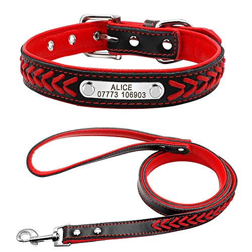 Yisatann Correa para Perros Collar para Collar y Correa de Cuero para Perros Juego de Collar de Gato Acolchado Interior Rojo para Gato Grabado Gratis-M