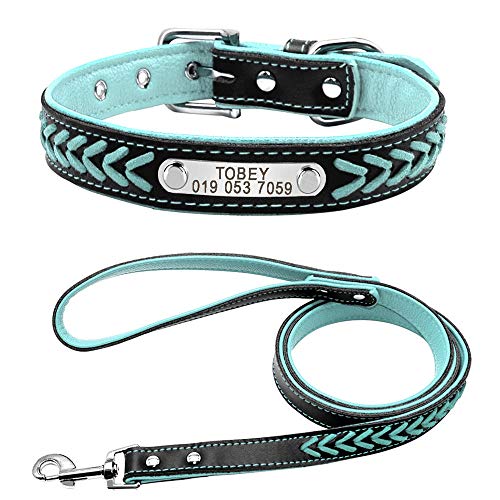 Yisatann Correa para Perros Collar para Juego de Collar y Correa de Cuero para Perro Collar de Gato Acolchado Interior para Perro Grabado Gratis-M