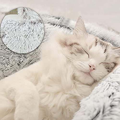 Yoole EU Cama para gatos con capucha y donut de felpa para mascotas, sofá de piel sintética, suave y esponjosa para gatitos y cachorros pequeños (65 cm, gris-B)