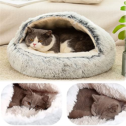 Yoole EU Cama para gatos con capucha y donut de felpa para mascotas, sofá de piel sintética, suave y esponjosa para gatitos y cachorros pequeños (65 cm, gris-B)