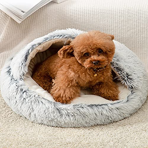 Yoole EU Cama para gatos con capucha y donut de felpa para mascotas, sofá de piel sintética, suave y esponjosa para gatitos y cachorros pequeños (65 cm, gris-B)