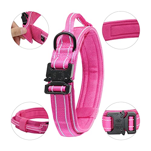 YouthBro - Collar de perro táctico reflectante con asa, ajustable K9 Militar de nailon con hebilla de metal resistente, ideal para mujeres y niñas, perros medianos, grandes, XL, rosa