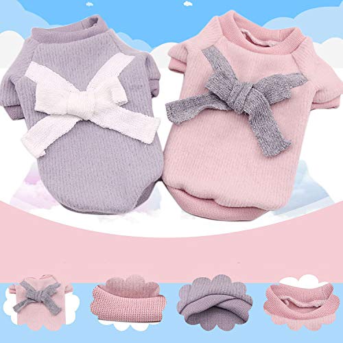 YUECUTE Suéter de color sólido con lazo y nudo de punto para perros rosados suéteres para cachorros, gato, cálido, jersey, ropa vintage (XS, GREY)