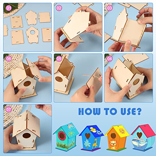 yumcute casa de pájaros madera,4 pcs kit de casa para pájaros,kit de manualidades pajareras,kits de casa de madera de pájaros,para montar y pintar,niños y niñas(Casita para Pájaros de Tamaño Estándar)