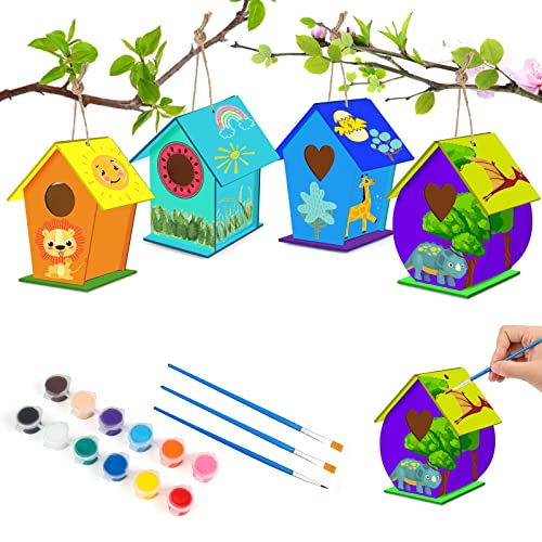 yumcute casa de pájaros madera,4 pcs kit de casa para pájaros,kit de manualidades pajareras,kits de casa de madera de pájaros,para montar y pintar,niños y niñas(Casita para Pájaros de Tamaño Estándar)