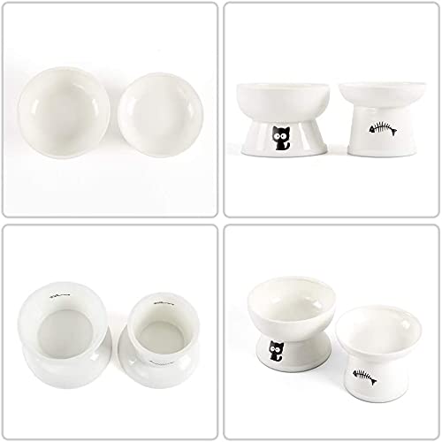 YY FOREYY Juego de Cuencos elevados de Comida y Agua para Gatos, comederos elevados de cerámica para Gatos con Banda Antideslizante, Plato de Porcelana para Mascotas con Soporte (Blanco)