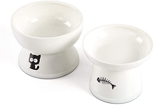 YY FOREYY Juego de Cuencos elevados de Comida y Agua para Gatos, comederos elevados de cerámica para Gatos con Banda Antideslizante, Plato de Porcelana para Mascotas con Soporte (Blanco)