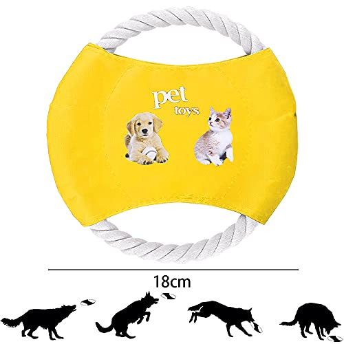 Yyshyi Frisbee Perro, 2 Piezas Cuerda de Algodón Freesbee Perros, Divertido Juguete para Perros Frisbee con Patrón de Perro y Gato para Adiestramiento y Juego, 18cm de Diámetro, Amarillo