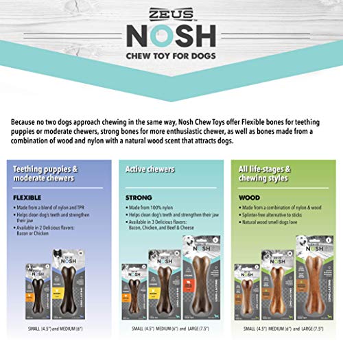 ZEUS Nosh - Huesos flexibles para masticar perros, juguetes para masticar cachorros, sabor a tocino de larga duración, pequeño