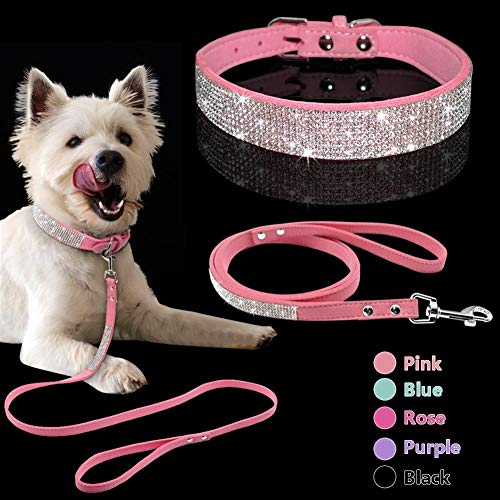 Zhexundian Collar de perro Collar for perro ajustable de cuero del ante perro de perrito del cuello de la correa Set Soft Rhinestone pequeños Mediana Perros Gatos Collares Correas Walking Rosa XS S M