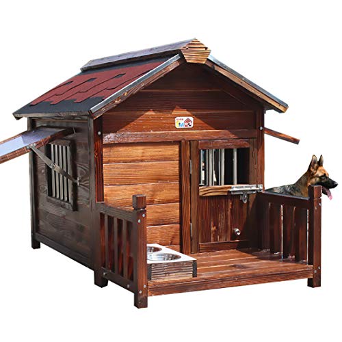 Zhyaj Caseta De Perro Jardín XL Exterior Resistente A La Intemperie Perro De La Perrera De Madera con Terraza Y Ventana Transpirable Caja De Arena XXL,E