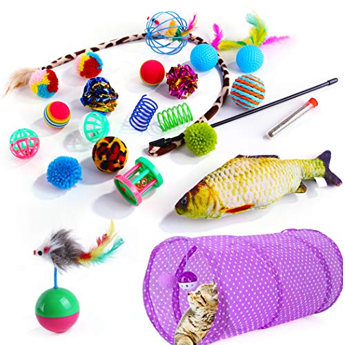 ZOYLINK Juego De Juguetes para Gatos Surtido 23 Piezas Pez De Felpa Ratón De Sisal Interactivo Túnel para Mascotas Pez De Peluche Creativo Juguete para Morder