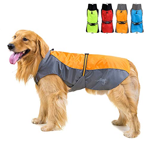 Zunea Impermeable Chubasqueros para Perros Grande Mediano Reflectante Chaleco Ligero con Forro de Malla Transpirable Chaqueta de Seguridad para Lluvia Resistente al Viento Ropa Naranja 5XL