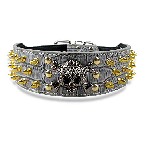 ZYYC 2 Width Gold  Skull Spiked Studded Leather Dog Collars For Medium Large 15-24-Red_XL