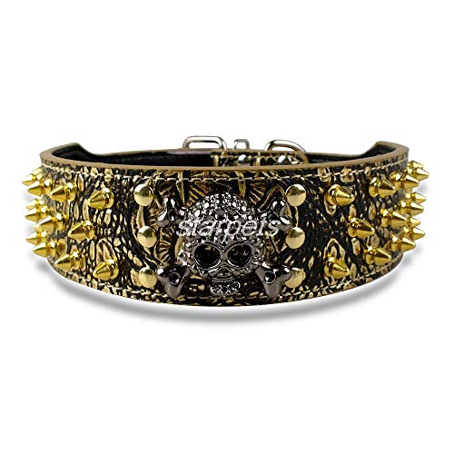 ZYYC 2 Width Gold  Skull Spiked Studded Leather Dog Collars For Medium Large 15-24-Red_XL