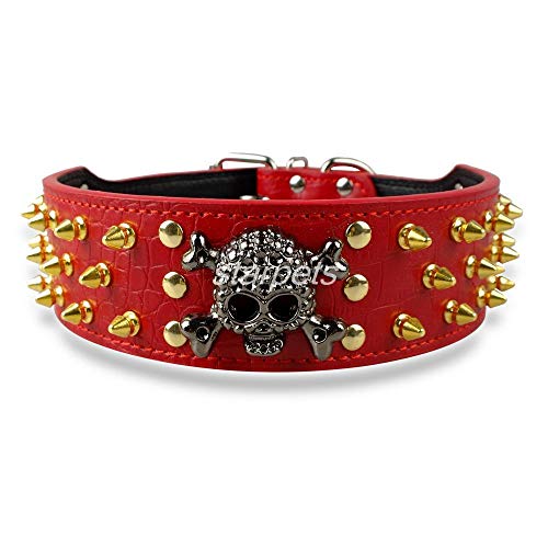 ZYYC 2 Width Gold  Skull Spiked Studded Leather Dog Collars For Medium Large 15-24-Red_XL