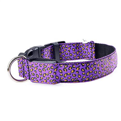 ZYYC Leopardo LED Collar de Perro Luminoso Ajustable Collar Brillante para Perros Pet Night Safety Collar de Nailon Luminoso LED Collar de Perro Brillante-Purple_XS 28-38cm