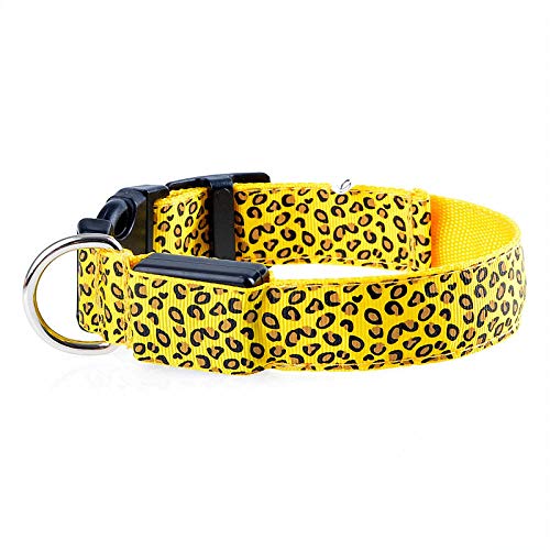 ZYYC Leopardo LED Collar de Perro Luminoso Ajustable Collar Brillante para Perros Seguridad Nocturna para Mascotas Collar de Nailon Luminoso LED Collar de Perro Brillante-Yellow_XS 28-38cm