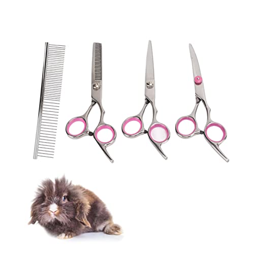 01 02 015 Juego de Tijeras para Recortar el Pelo de Mascotas, 4 en 1, Diseño Seguro, Acero Inoxidable, Agarre Ergonómico, Tijeras de Aseo de Conejito, 3 Tijeras + 1 Peine para Chinchillas