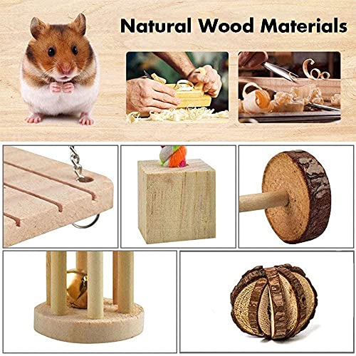 11 unids Hamster Masticar Juguetes de Madera Natural de Cerdo de Guinea Bola Swing con Accesorios Mancuernas Gerbil Ejercicio Campana Rodillo Dientes Cuidado Molar Juguete para Conejos Loro Pájaro