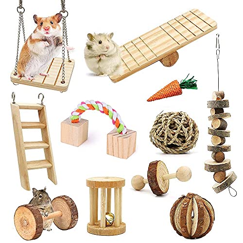 11 unids Hamster Masticar Juguetes de Madera Natural de Cerdo de Guinea Bola Swing con Accesorios Mancuernas Gerbil Ejercicio Campana Rodillo Dientes Cuidado Molar Juguete para Conejos Loro Pájaro