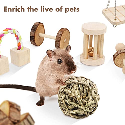 11 unids Hamster Masticar Juguetes de Madera Natural de Cerdo de Guinea Bola Swing con Accesorios Mancuernas Gerbil Ejercicio Campana Rodillo Dientes Cuidado Molar Juguete para Conejos Loro Pájaro