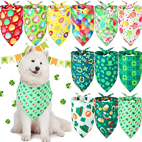 12 Piezas Bandanas de Perros de Día de San Patricio Pañuelo de Mascotas de Pascua Babero Triangular de Trébol Cerveza Arcoíris Bufanda de Gatos de Conejo Huevo Accesorios de Disfraces