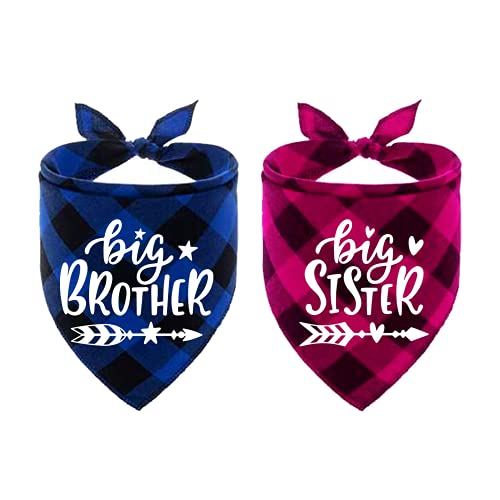 2 bandanas para perro Big Brother and Big Sister, reversibles, triángulo, a cuadros, anuncio de embarazo, cachorro, gatito, niños y niñas, accesorios para revelar género para perros pequeños