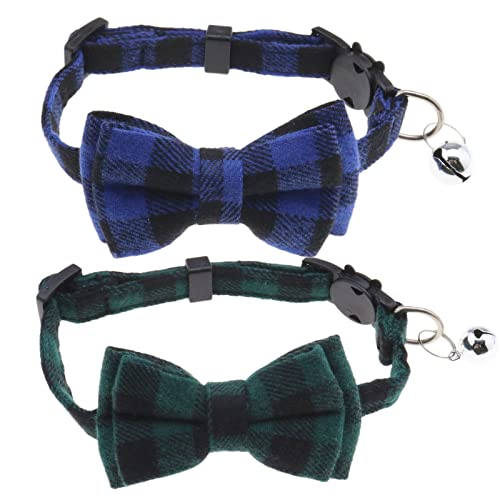 2 collares de perro con campana y pajarita, lindos collares a cuadros con lazo suave y cómodo y hebilla ajustable para perros, gatos, mascotas, azul, verde, talla L