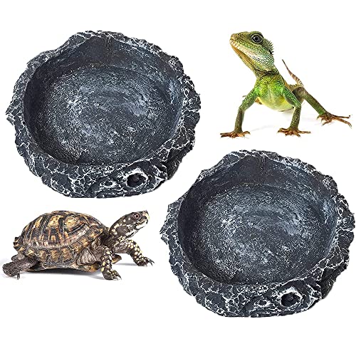 通用 2 Piezas Comedero para Reptiles, Plato de Agua para Reptiles, Recipiente de Agua de Reptil, Resina Bebedero de Reptil para Mascota, Tortuga, Lagarto, Rana, Gecko, Serpiente, Camaleón (Gris)