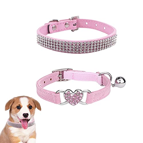 2 unidades de collar para perro con brillantes imitación, piel brillante y ajustable terciopelo suave diamantes imitación diamante, mascotas perros pequeños, gatos (rosa)