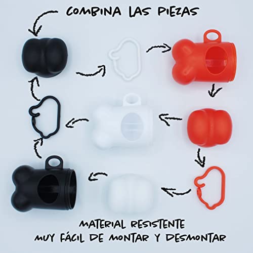 3 Dispensadores Bolsas Caca Perro con Mosquetón + 45 Bolsas _ Porta Bolsas Caca Perro_ Perros Accesorios (Naranja Blanco Negro)