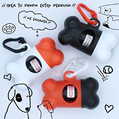 3 Dispensadores Bolsas Caca Perro con Mosquetón + 45 Bolsas _ Porta Bolsas Caca Perro_ Perros Accesorios (Naranja Blanco Negro)