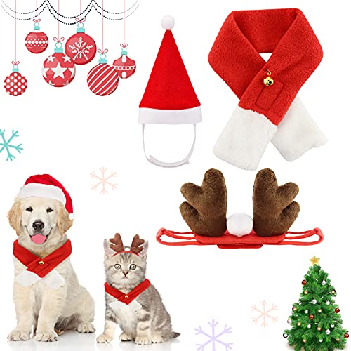 3 Piezas Disfraz de Navidad para Mascotas,Sombrero de Papá Noel para Gato y Cachorro,Bufanda de Navidad,Cinta para Cabeza de Astas de Reno,Navidad Suministros para Cosplay,Mascotas Fiesta (S)